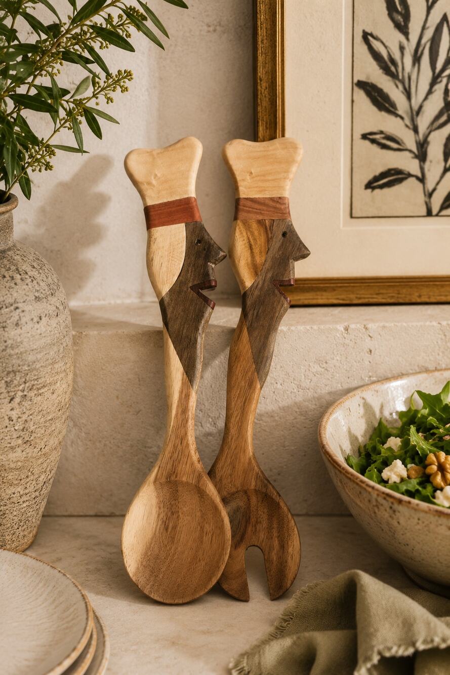 Vintage Hand-Carved Wooden Salad Server Set | Folk Art Chef Face Handles | 12"